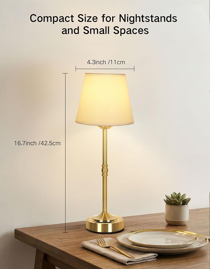 OUTON Cordless Table Lamp Rechargeable, Touch Dimmable LED Bedside Lamp with Fabric Shade, 3 Color Temperatures, USB-C Charging, Battery Display, Memory Function for Bedroom Living Room Patio, Gold