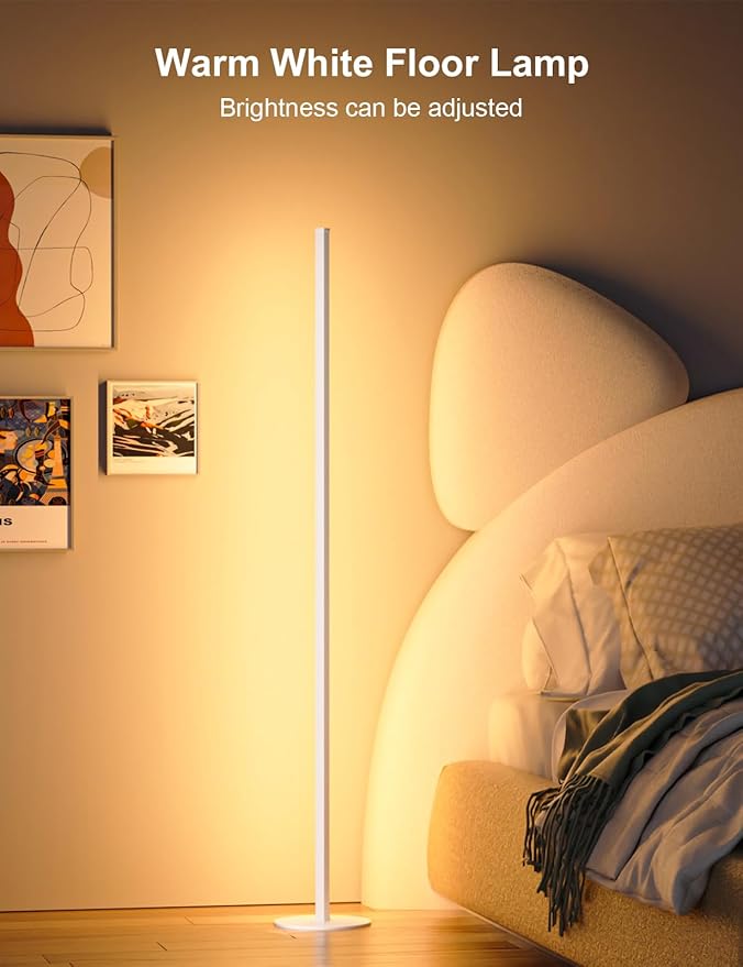 White Corner Floor Lamp 1 Pair, LED Corner Lamp with Remote Control, APP Control 16 Million Colors, Timing, Color Changing Ambient Lighting for Living Room, Bedroom, Gaming (Only One Adaptor)
