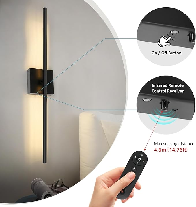 Removable 10000mAh Battery Operated 2 Pack Wall Sconces Lamps Remote Control & 4 Pack Batteries 31.5’‘ Rechargeable Dimmable Black LED Wireless 13.6W Wall Lights for Living Room Bedroom Picture Foyer