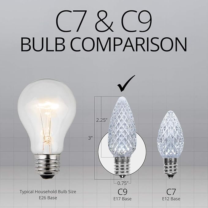 Wintergreen Lighting 50 C9 OptiCore LED Commercial Outdoor Christmas Lights – Heavy Duty Christmas String Lights; Green Wire (50 ft, Cool White)