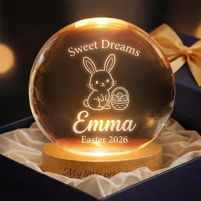 Personalized Easter Bunny Crystal Ball LED Lamp, Custom Name Glass Globe Night Light, Sweet Dreams Engraved Spring Home Decor Accent Light with Wooden Base, Easter Keepsake Gift for Family Display