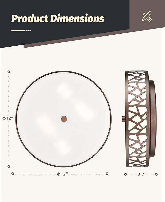 12 Inch Flush Mount Ceiling Light, 2 - Light Vintage Ceiling Lights Fixture with Frosted Glass Shade, Oil Rubbed Bronze Light Fixture for Hallway Corridor Kitchen Bathroom Bedroom Passway