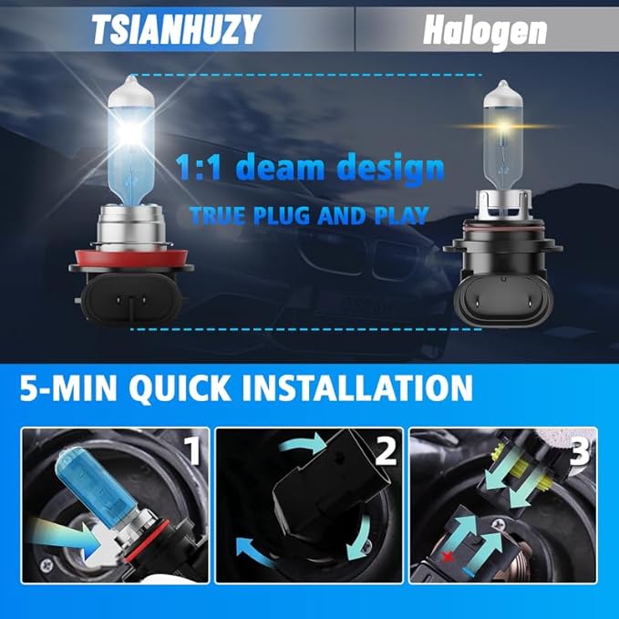 Halogen Headlight Bulbs Fit For Jeep Grand Cherokee 2018-2021, High Low Beam Bulbs Combo, 100W 6000K White 300% Brightness, Plug and Play, 4-Pack