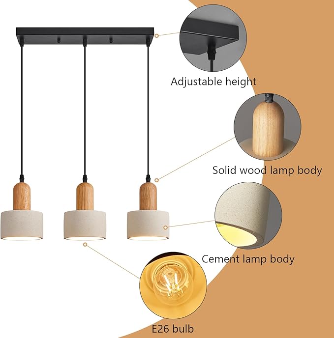 Modern Cement Pendant Lights White Chandelier Wooden Ceiling Lamps for Kitchen Island Bedroom Dining Room Living Room bar（3-Light）