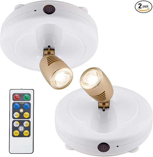 BIGLIGHT Spotlight Battery Operated, LED Puck Light, Dimmable Uplight with Remote, Stick on Accent Light for Painting Picture Wall Artwork Photo Portrait Closet Plants, Warm White, 2 Pack