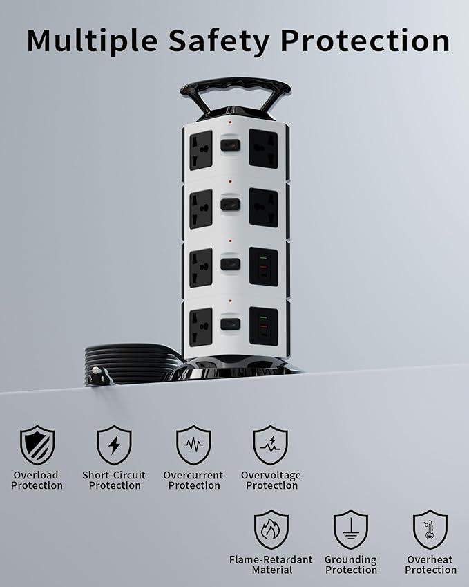 Power Strip Tower with 14 Outlets, 4 USB-A & 2 USB-C Ports, 1875W/15A Heavy Duty Charging Station for Multiple Devices, Plug Tower with 6ft Extension Cord, for Home, Office, Dorm