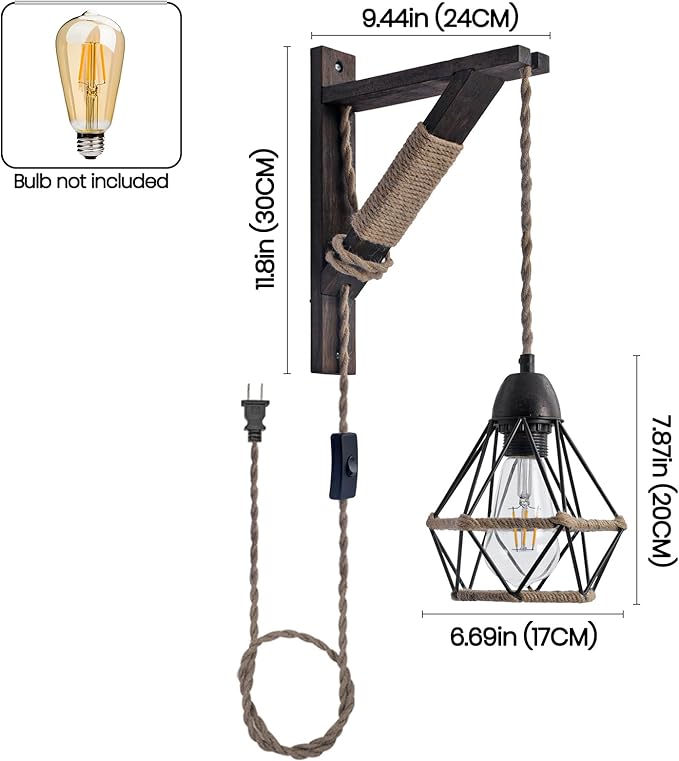 SEEBLEN Plug in Wall Light Sconce Set of 2,Farmhouse Wall Lamp with Plug in Cord On/Off Switch,Industrial Lamp with Metal Cage for Bedroom Headboard Living Room.
