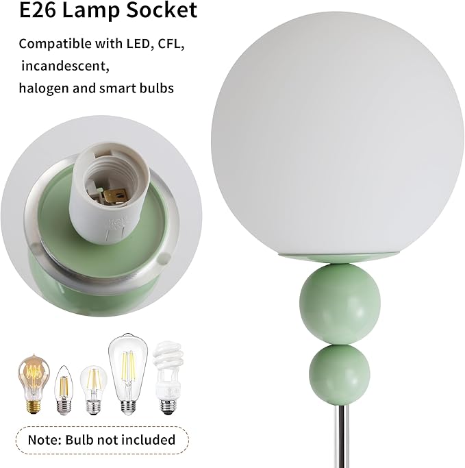 Modern Floor Lamps for Living Room, Globe Glass Shade Floor lamp for Bedroom, Standing lamp for Office, Corner(Pastel Green)