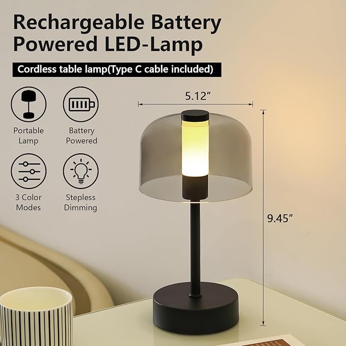 Black Rechargeable Cordless Table Lamp,Portable Modern LED Night Light,Battery Operated Lamp,3 Color Stepless Dimming Up,for Restaurant/Bedroom/Bars/Outdoor Party/Camping/Coffee Shop