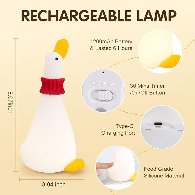 Duck Night Light Silicone Cute Dorm Bedroom Home Decor Night Light for Breastfeeding Squishy Duck Nightlight Cordless Rechargeable Dimmable Touch Fun Bedside Desk Lamp for Christmas Gifts (Twin Ducks)