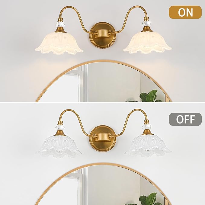 Vintage Bathroom Vanity Light, 2-Light Matte Brass Finish Vanity Light with Floral White Glass Shades, Retro Wall Sconce for Bathroom, Dressing Table
