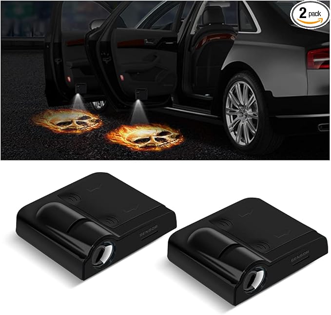 2Pcs Car Door Lights Logo Projector, Wireless LED Car Door Paste Welcome Courtesy Light, Holeless Magnet Sensor Ghost Shadow Welcome Lamp, Naruto Sharingan Light Accessories (Fire Skull)