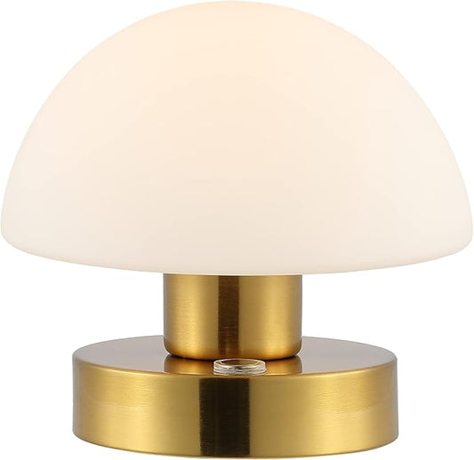 JONATHAN Y 5.75" Brass Gold/White Rechargeable Portable LED Table Lamp, Cordless Mushroom Accent Light for Bar, Nightstand, with Frosted White Glass Shade (JYL7113C)
