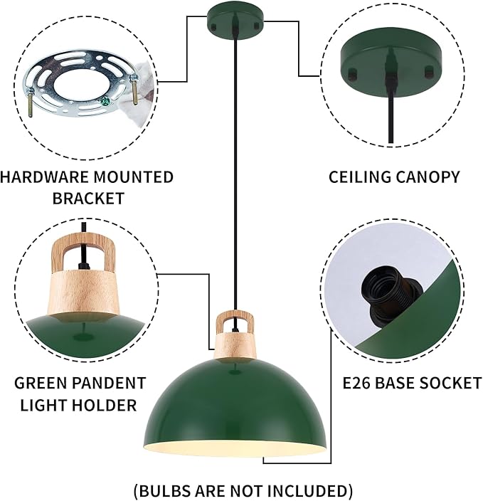 Farmhouse Pendant Light 11.8 inches, 3 Packs- Green Industrial Kitchen Pendant Lights for Library, Office, Kitchen Island, Bedroom