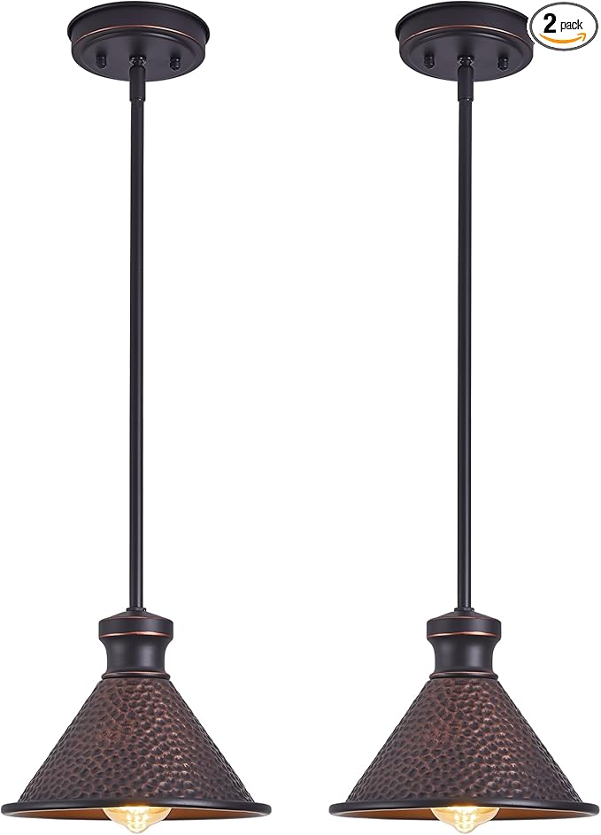 Pendant Light (2 Packs), Kitchen Lights Ceiling Hanging,Oil-Rubbed Bronze Finish, Farmhouse Lighting for Kitchen Island Room,Vintage Hammered Textured Aluminum Shade, Height Adjustable