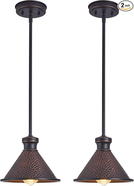 Pendant Light (2 Packs), Kitchen Lights Ceiling Hanging,Oil-Rubbed Bronze Finish, Farmhouse Lighting for Kitchen Island Room,Vintage Hammered Textured Aluminum Shade, Height Adjustable