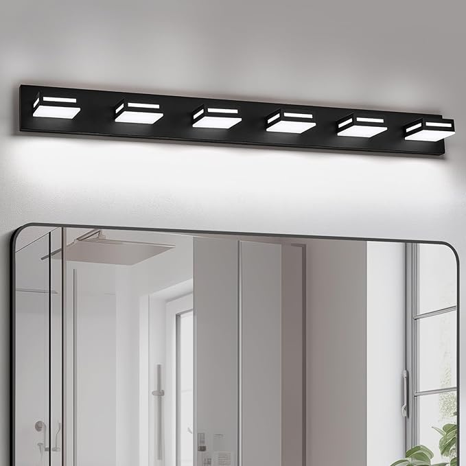 48-Inch 6-Light LED Modern Black Bathroom Vanity Light Fixtures Over Mirror, Bathroom Lighting Fixtures with Cool White 6000K, Vanity Wall Lights for Bath Restroom Powder Room