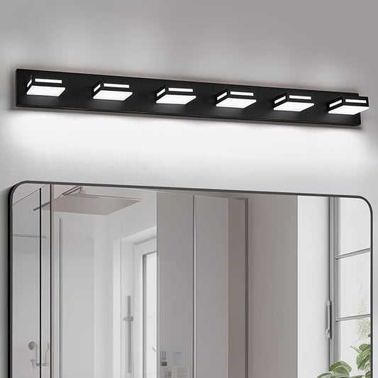 48-Inch 6-Light LED Modern Black Bathroom Vanity Light Fixtures Over Mirror, Bathroom Lighting Fixtures with Cool White 6000K, Vanity Wall Lights for Bath Restroom Powder Room
