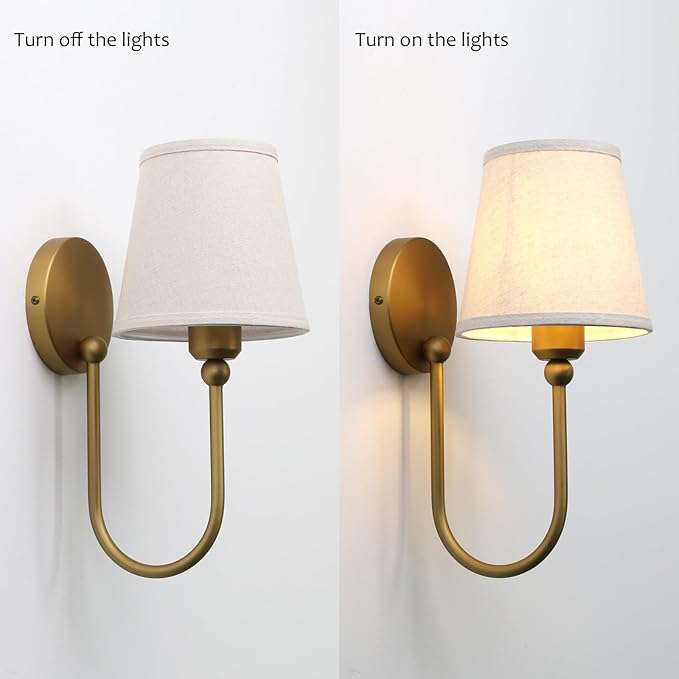 Pathson Antique Linen Fabric Wall Sconces Set of 2, Hardwired Curved Arm Bathroom Vanity Light, Indoor Wall Decor Lamp for Living Room, Kitchen, Bedroom, Foyer