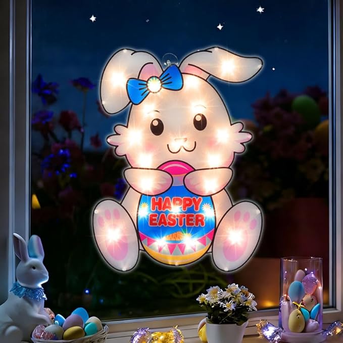 17" 20LED Lighted Bunny Easter Decor, Soft Warm Glow for Window, 120V Plug-in, UL Certified, Pretty Gift Box Packed