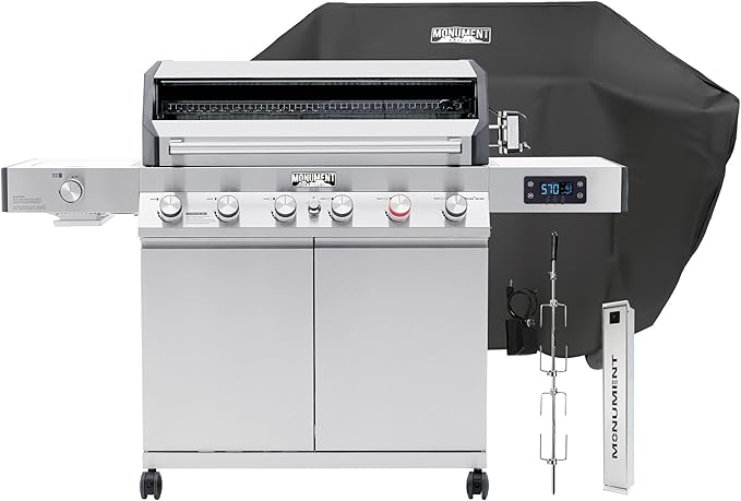 Monument Grills 6+1 Burner Smart Tech Propane Gas Grill, Denali 605Pro Stainless Steel Grill 78,000 BTU Outdoor Patio Yard Barbecue Grill with Side Sear Burner, Smoker Box, Cover and Rotisserie Kit
