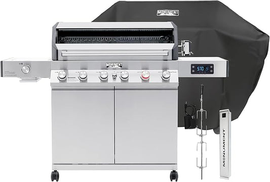 Monument Grills 6+1 Burner Smart Tech Propane Gas Grill, Denali 605Pro Stainless Steel Grill 78,000 BTU Outdoor Patio Yard Barbecue Grill with Side Sear Burner, Smoker Box, Cover and Rotisserie Kit