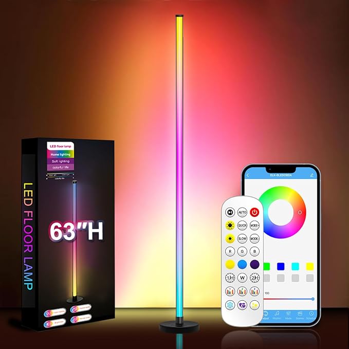 63″H RGB Floor Lamp, LED Corner Lamp,16 Million DIY Colors, 68+ Scenes, Music Sync, App & Remote Control (1 Pack)