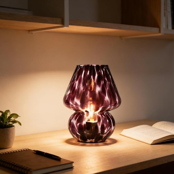 Glass Mushroom Lamp, Mushroom Desk Lamp with LED Bulb, Small Purple Battery Operated Cordless Lamps for Kitchen Counter, Bedroom Nightstand, Living Room, Gift for Mom