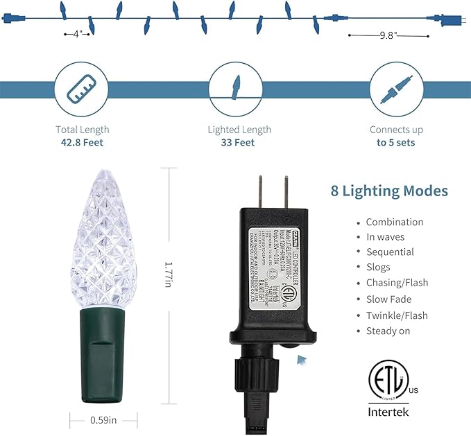 WATERGLIDE C6 Christmas Lights, 100 LED 33ft Faceted Fairy Lights Green Wire String Lights with Safe Adaptor, 8 Lighting Mode, Waterproof for Indoor Outdoor Patio Xmas Tree Party Decor, White & Red