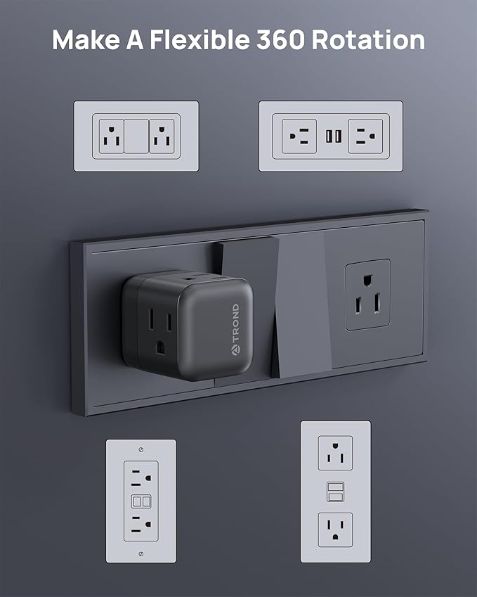 TROND Sideways Outlet Adapter, Multi Plug Wall Outlet with 360 Rotating Plug & 3 Electrical Sockets, A Small Black Charging Station Turn One into Multiple Sideways Extender for Dark Wall Decor