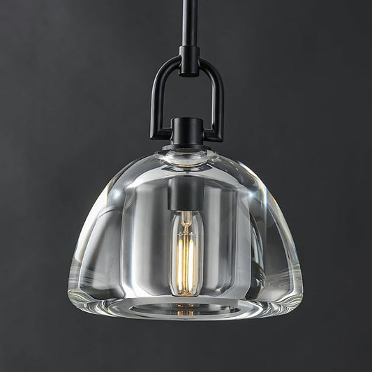 Pendant Light Fixture, 7" Glass Modern Black Pendant Lights Kitchen Island, Hanging Glass Dome Pendant, Black Kitchen Pendant Lighting Over Island, E12 Bulb Included