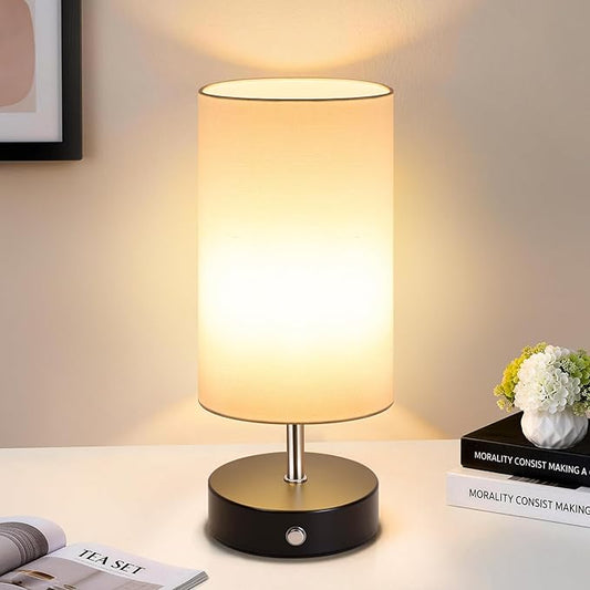 Black Cordless Table Lamp Rechargeable, 6000mAh Battery Operated Bedside Lamps, Portable LED Desk Lamp with Stepless Dimming, Wireless Lamp with White Shade, Modern Touch Small Night Light for Bedroom