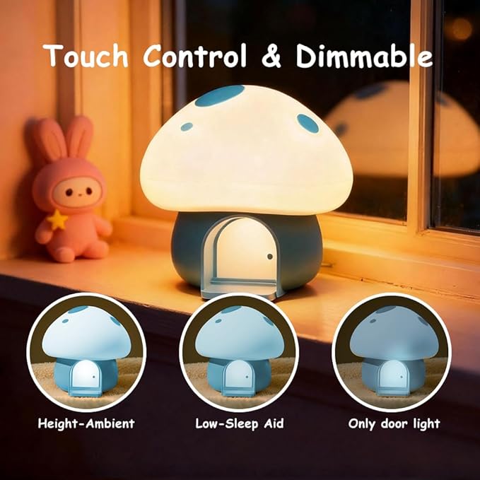 Kids Night Light, Kawaii Bunny Mushroom House Silicone Night Light with Tap Control, 3-Step Dimmable, 30/60 Min Auto-Off Timer, Rechargeable Bedside Nursery Lamp (Blue)
