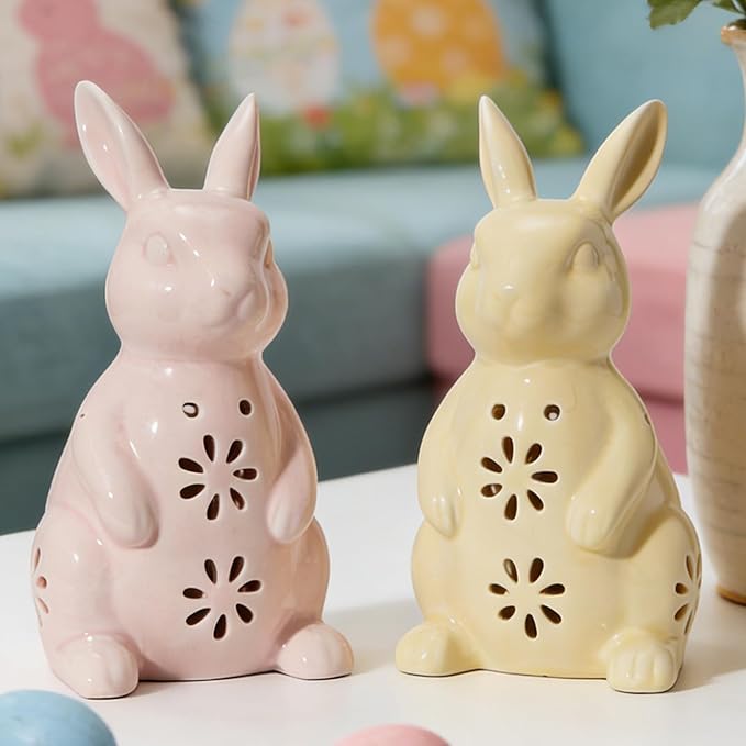 WDS WONDROUS Easter Decorations Light Up Bunny Figurines - 2PCS LED Ceramic Rabbit Statues Decor with Floral Cut-Outs, Glowing Easter Spring Home Decor for Farmhouse Tabletop Shelf Sculpture