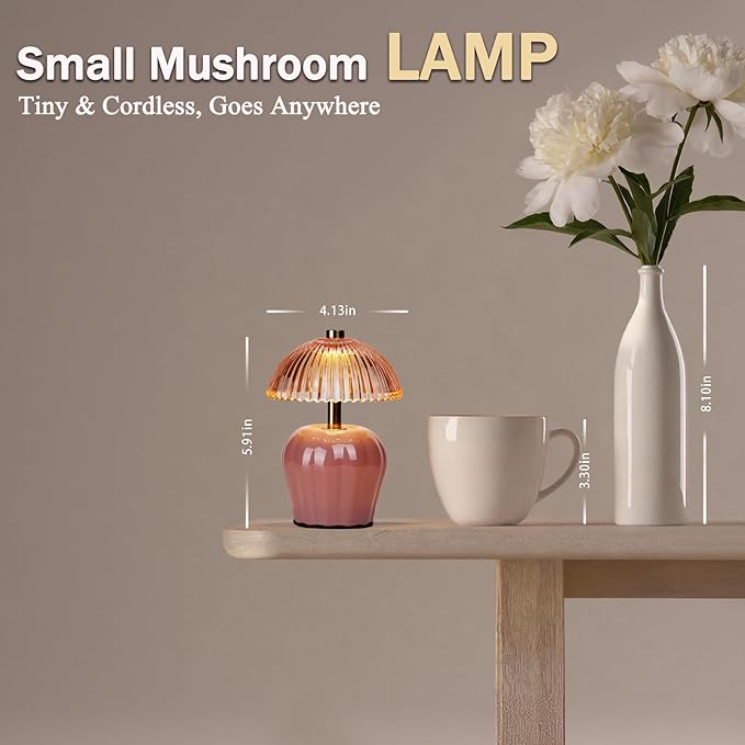 MJ PREMIER Small Cordless Lamp, Battery Operated Lamp with Timer, Mini Crystal Glass Mushroom Lampshade, Cute Small Table Lamps, Decorative Led Light for Bedroom Living Room Shelf (Pink)