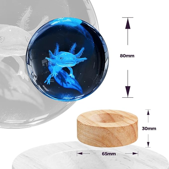 3D Axolotl Crystal Ball Night Light with Woodern Base,16 Colors with Remote Control Cool Desk Decor Gifts for Kids Friends (Axolotl-b)