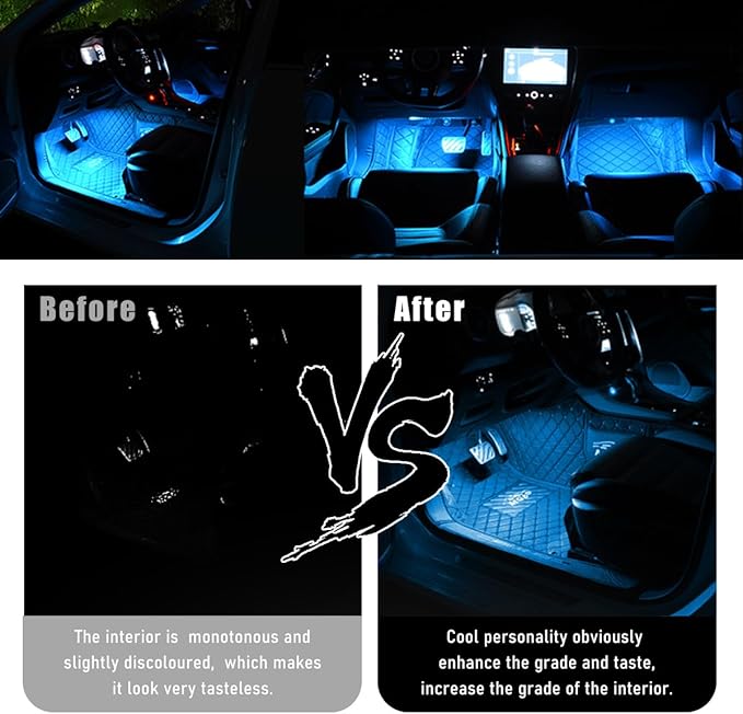 Car Interior LED Strip Light, 12V 24 LED Waterproof Neon Ambient Night Light with USB Port, Automotive Atmosphere Decorative Under Dash Lighting Kit, Car Accessories (Ice Blue)