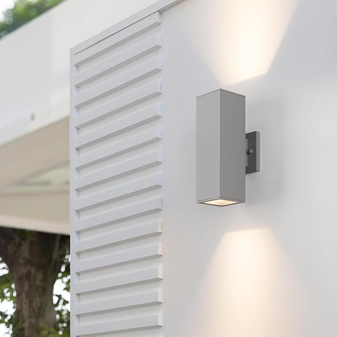 mirrea Modern Outdoor Porch Light Patio Light in 2 Lights with Aluminum Rectangular Tube and Tempered Glass Cover Waterproof Wall Sconce 2 Pack (Matte Gray)
