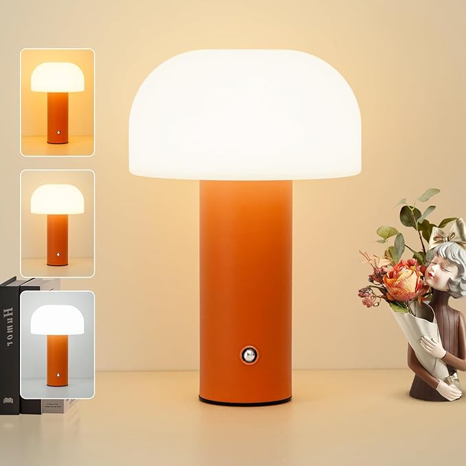 Cordless Mushroom Table Lamp Rechargeable,4000mAH Portable Battery Operated Lamp,3 Color Stepless Dimming Modern Lamps for Bedside Lamps,Touch Dimming Night Light for Home/Restaurant Orange