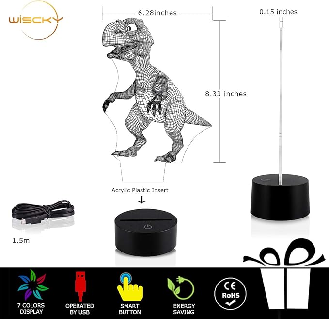Wiscky Dinosaur Toys 3D Night Light Lamp - Children Kids Gift for Boys, 7 LED Colors Changing Lighting, Touch USB Charge Table Desk Bedroom Decoration, Cool Gifts Ideas Birthday Xmas for Baby Friends