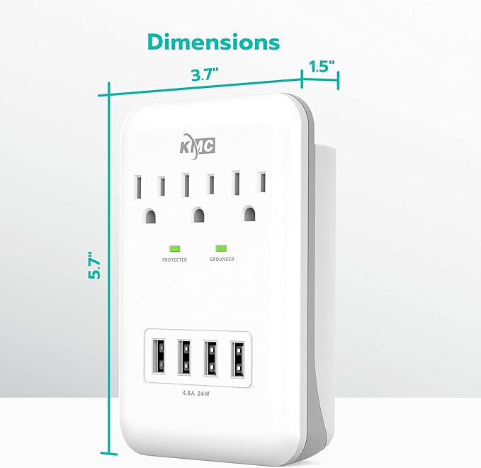 KMC 3-Outlet Wall Mount Surge Protector, 900 Joules, 4 USB 4.8 AMP USB Charging Ports, Phone Holder Cradle for Home, School or Office, ETL Certified