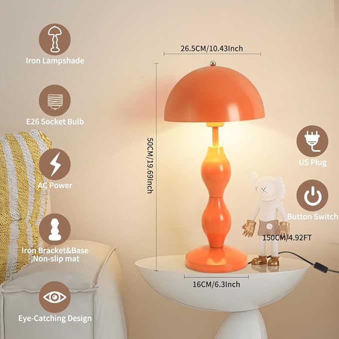 Orange Mushroom Lamp,Bedside Table Lamp for Living Room,Mid Century Modern Table Lamps for Bedroom,Mushroom Bedside Light,Home Office Aesthetic Decor Nightstand Lamps,Flowerpot Desk Light,Orange Shade