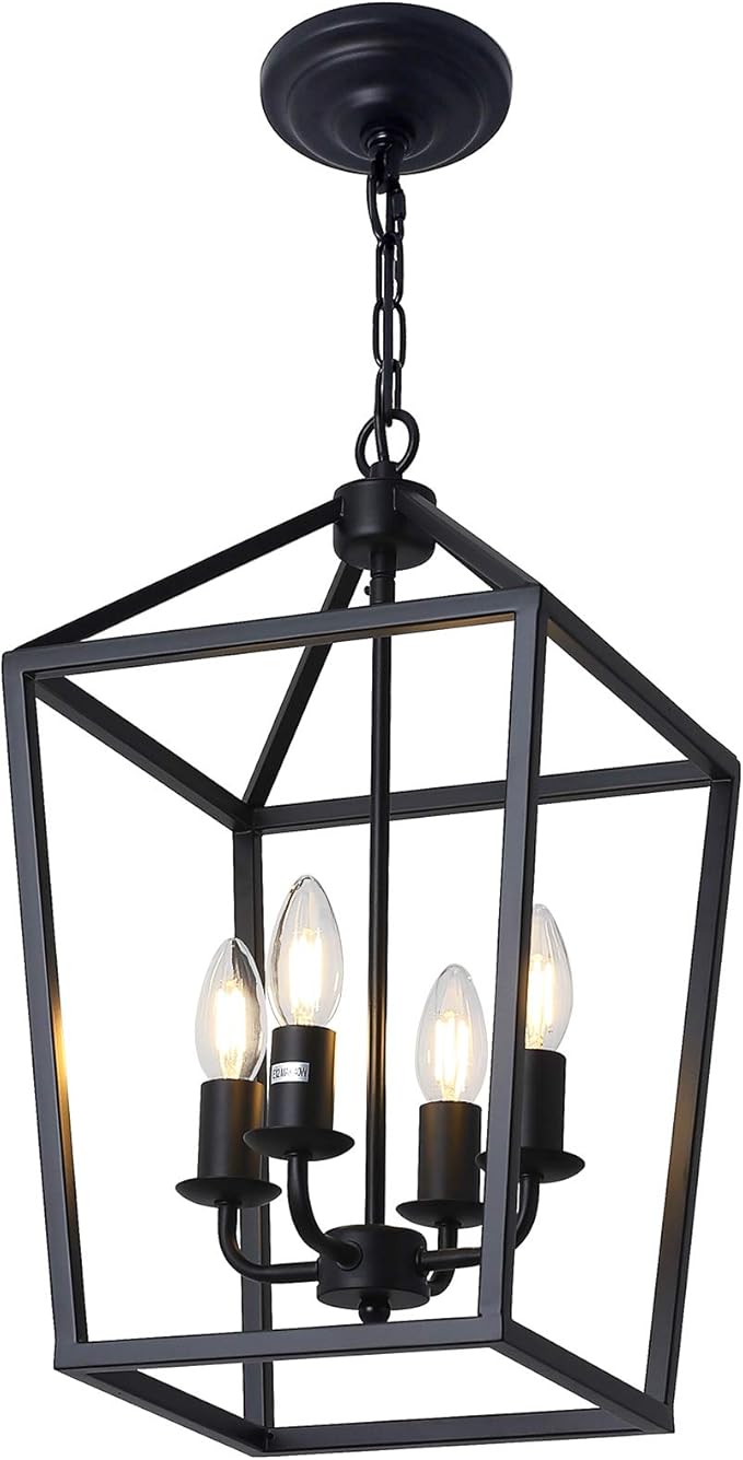 4-Light Black Farmhouse Chandelier Iron Lantern Pendant Light Rustic Cage Hanging Light Fixtures Industrial Foyer Lights for Kitchen Island Dining Room Hallway Foyer Entryway