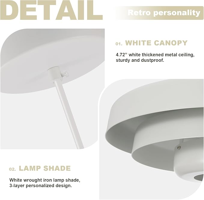 Large White Pendant Light, 17.7" Adjustable Mid Century Modern Chandelier with 3-Layer Shade for Kitchen Island, Dining Room, Retro Industrial Ceiling Fixture