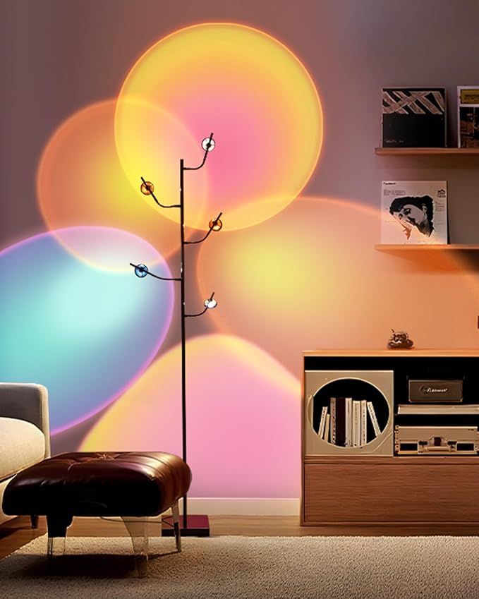 5 Head RGBW Halo Projector Floor Lamp, 4000K LED with Replaceable Color Filters, 71 Inch, 15W, Chrome, Sunset Projection Floor Lamp for Bedroom, Living Room, Game Room