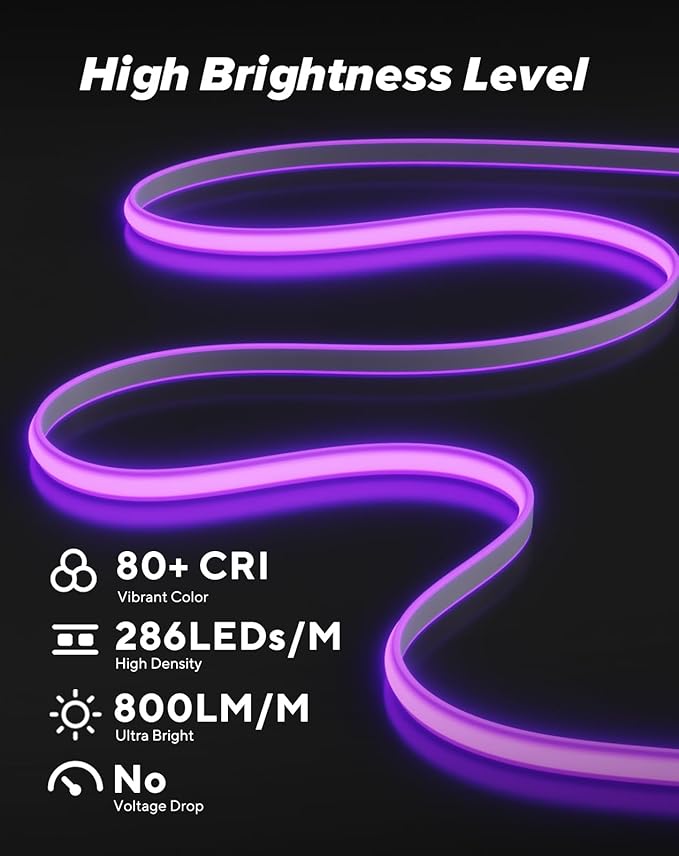 Shine Decor COB LED Rope Light AC 120V, 800lm Ultra Bright, IP65 Waterproof Cold-Resistant ETL Neon Strip, No Driver Tape Lighting for Home Commercial 10x4.5mm, Purple, 50ft