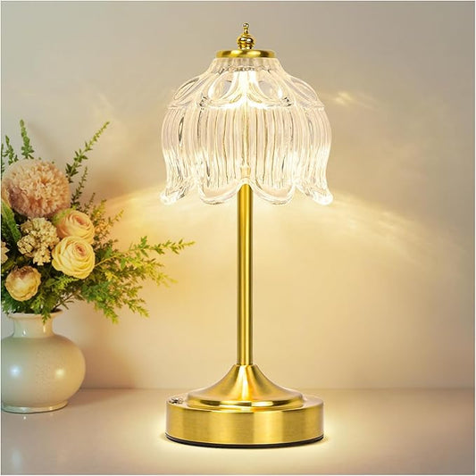 Cordless Lotus Flower Table Lamp, 5200mAh Rechargeable Battery Operated Portable Lamp, 3-Color Dimmable Touch Control Small Desk Lamp for Bedroom, Office, Kitchen, Nightstand,Room Decor (Flower Clear)