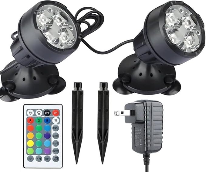 Pond Lights Outdoor Fountain Light Submersible Timer RGB Colored Underwater Waterproof Spotlights Dimmable Memory with Spiked Stand for Pond Fountain Waterfall Landscape (Set of 2)