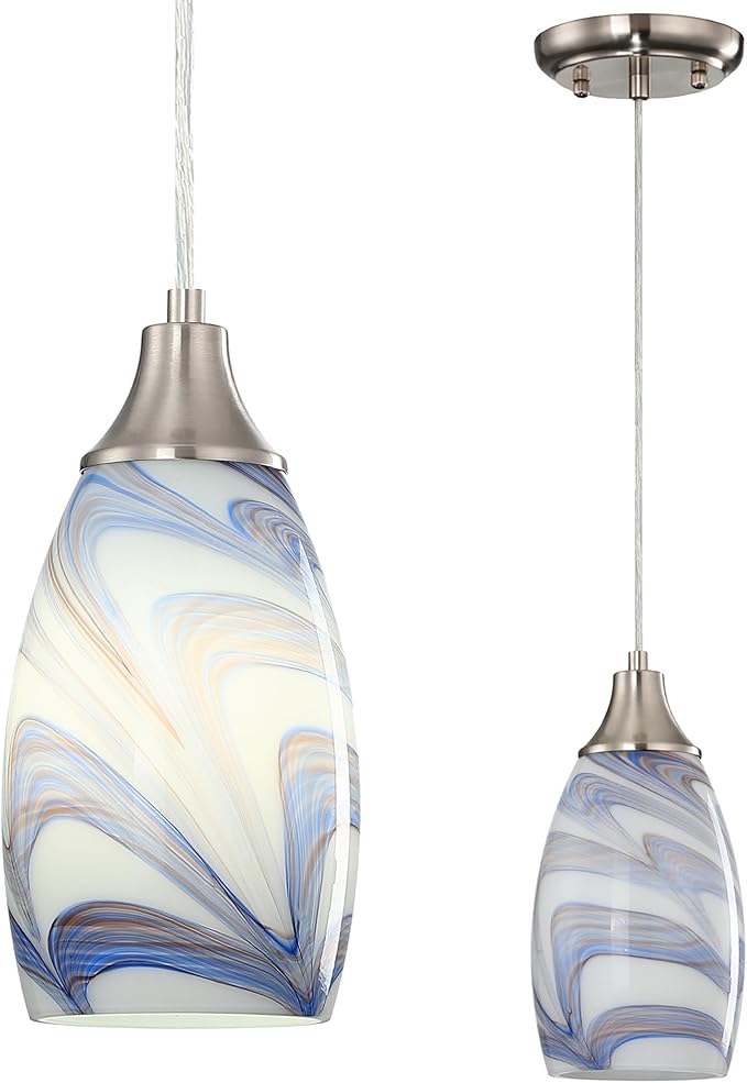 Mini Art Glass Pendant Lights Kitchen Island Blown Glass Pendant Lighting with Brushed Nickel Finish Adjustable Cord Ceiling Hanging Lamp for Hallway,Dining Room White and Dark Blue-1P