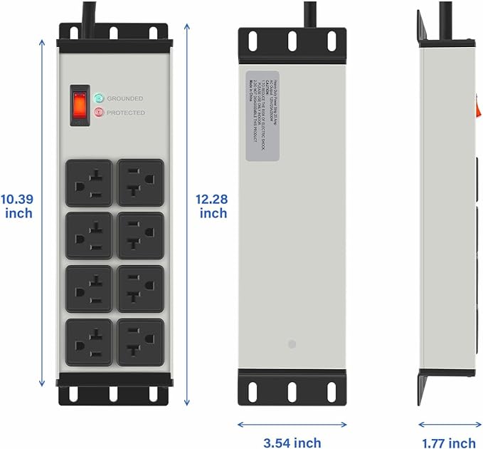 CCCEI Grey Heavy Duty Power Strip Surge Protector 20 AMP, 8 Outlets 12 Gauge Industrial Shop Garage Metal Multiple Outlets, 20 FT Extension Cord 5-15P Adapter High Amp 6-20R T-Slot 20a for Appliance
